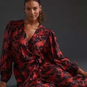 NWT Caballero Anthropologie Red Black Abstract Print Wrap Midi Dress